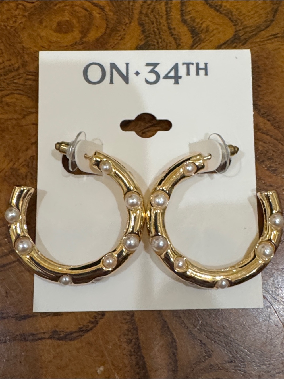 On 34th Medium Imitation Pearl C-Hoop Earrings, 1.33"